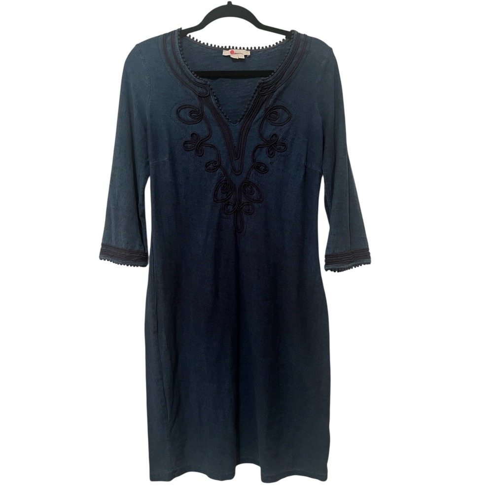 Boden Reanne Indigo Jersey Dress Size 10L Blue Soutache Detail Knit Midi